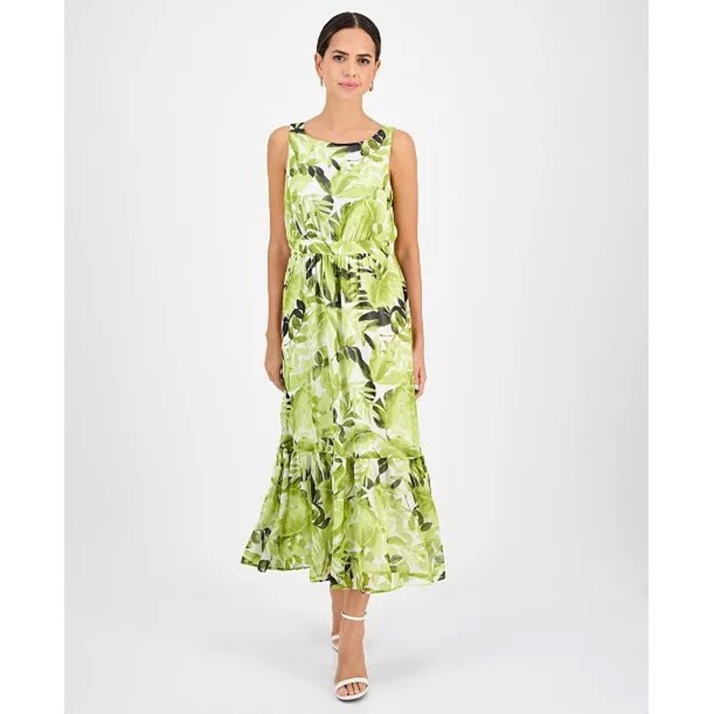Kasper Green Tropical Palm Leaf Print Sleeveless Maxi Dress NWT Size 8